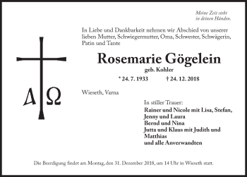 Traueranzeige von Rosemarie Gögelein von Dinkelsbuhl/ Feuchtwangen