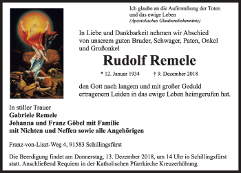 Traueranzeige von Rudolf Remele von Rothenburg