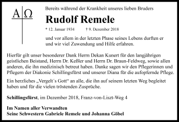 Traueranzeige von Rudolf Remele von Rothenburg