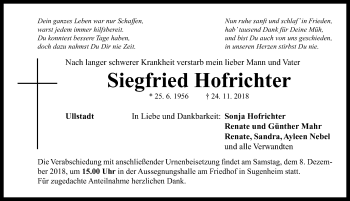 Traueranzeige von Siegfried Hofrichter von Neustadt/ Scheinfeld/ Uffenheim