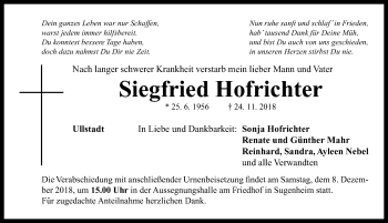 Traueranzeige von Siegfried Hofrichter von Neustadt/ Scheinfeld/ Uffenheim