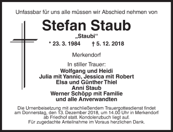 Traueranzeige von Stefan Staub von Ansbach