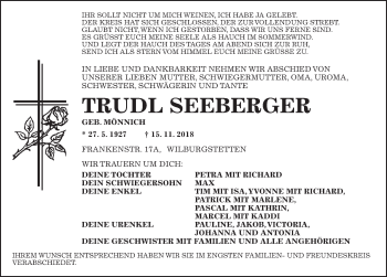 Traueranzeige von Trudl Seeberger von Dinkelsbuhl/ Feuchtwangen