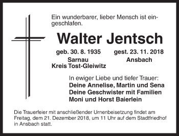 Traueranzeige von Walter Jentsch von Ansbach