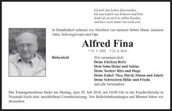 Traueranzeige von Alfred Fina von Neustadt/ Scheinfeld/ Uffenheim