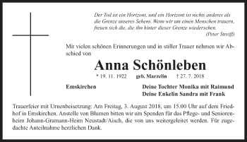Traueranzeige von Anna Schönleben von Neustadt/ Scheinfeld/ Uffenheim
