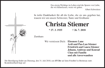 Traueranzeige von Christa Stiemer von Dinkelsbuhl/ Feuchtwangen