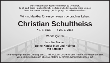 Traueranzeige von Christian Schultheiss von Ansbach