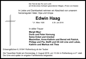 Traueranzeige von Edwin Haag von Rothenburg