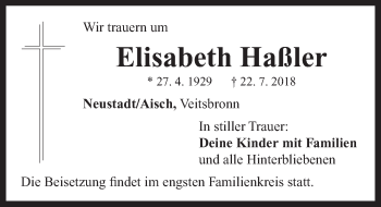 Traueranzeige von Elisabeth Haßler von Neustadt/ Scheinfeld/ Uffenheim