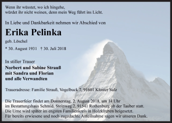 Traueranzeige von Erika Pelinka von Rothenburg