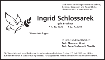 Traueranzeige von Ingrid Schlossarek von Dinkelsbuhl/ Feuchtwangen