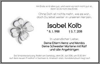 Traueranzeige von Isabel Kolb von Ansbach