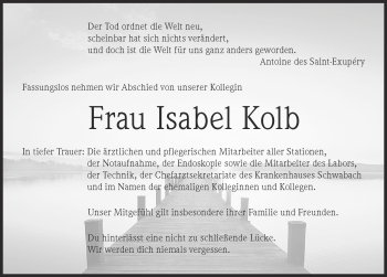 Traueranzeige von Isabel Kolb von Ansbach