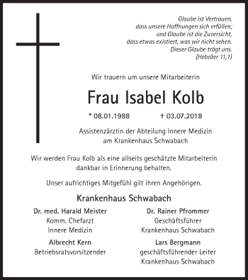 Traueranzeige von Isabel Kolb von Ansbach