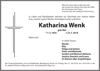 Traueranzeige von Katharina Wenk von Dinkelsbuhl/ Feuchtwangen