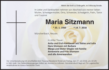 Traueranzeige von Maria Sitzmann von Ansbach