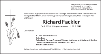 Traueranzeige von Richard Fackler von Dinkelsbühl/ Feuchtwangen