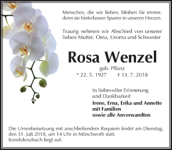 Traueranzeige von Rosa Wenzel von Dinkelsbühl/ Feuchtwangen