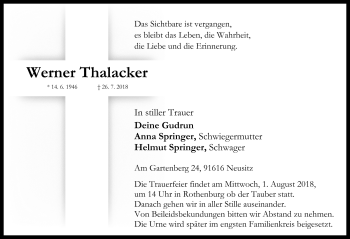 Traueranzeige von Werner Thalacker von Rothenburg