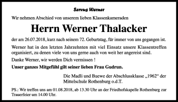 Traueranzeige von Werner Thalacker von Rothenburg