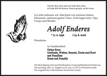 Traueranzeige von Adolf Enderes von Dinkelsbuhl/ Feuchtwangen