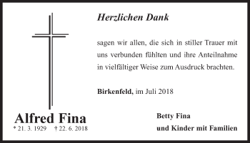 Traueranzeige von Alfred Fina von Neustadt/ Scheinfeld/ Uffenheim