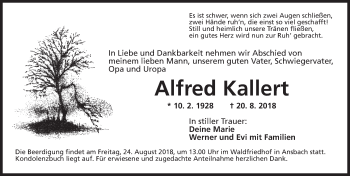 Traueranzeige von Alfred Kallert von Ansbach