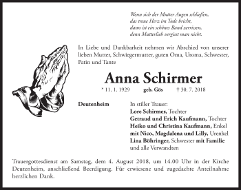 Traueranzeige von Anna Schirmer von Neustadt/ Scheinfeld/ Uffenheim