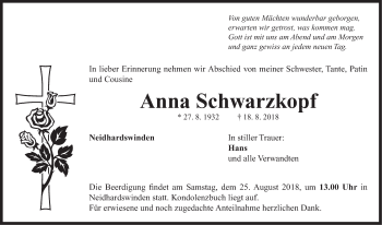 Traueranzeige von Anna Schwarzkopf von Neustadt/ Scheinfeld/ Uffenheim