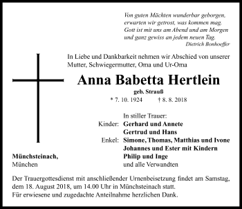 Traueranzeige von Anna Babetta Hertlein von Neustadt/ Scheinfeld/ Uffenheim