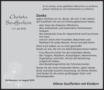 Traueranzeige von Christa Seufferlein von Neustadt/ Scheinfeld/ Uffenheim