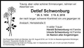 Traueranzeige von Detlef Schwonburg von Ansbach