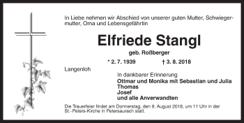 Traueranzeige von Elfriede Stangl von Ansbach