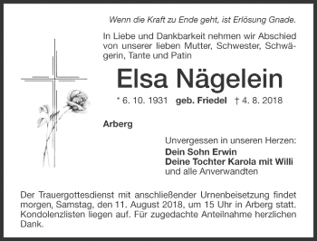 Traueranzeige von Elsa Nägelein von Dinkelsbühl/ Feuchtwangen