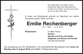 Traueranzeige von Emilie Rechenberger von Neustadt/ Scheinfeld/ Uffenheim