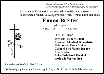 Traueranzeige von Emma Breiter von Rothenburg