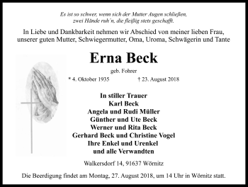 Traueranzeige von Erna Beck von Rothenburg