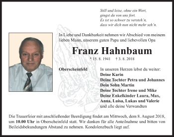 Traueranzeige von Franz Hahnbaum von Neustadt/ Scheinfeld/ Uffenheim