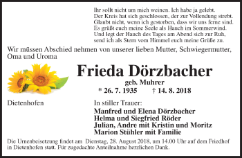 Traueranzeige von Frieda Dörzbacher von Ansbach