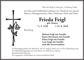 Traueranzeige von Frieda Feigl von Dinkelsbühl/ Feuchtwangen