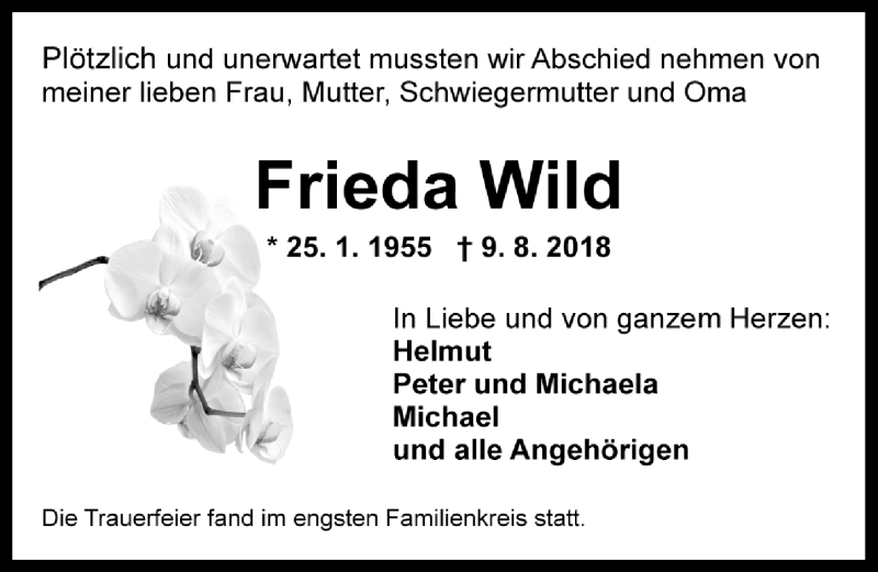  Traueranzeige für Frieda Wild vom 14.08.2018 aus Ansbach