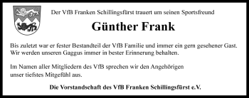 Traueranzeige von Günther Frank von Rothenburg