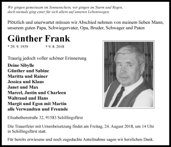 Traueranzeige von Günther Frank von Rothenburg