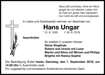 Traueranzeige von Hans Ungar von Neustadt/ Scheinfeld/ Uffenheim