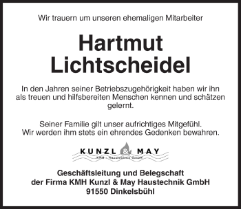 Traueranzeige von Hartmut Lichtscheidel von Dinkelsbühl/ Feuchtwangen