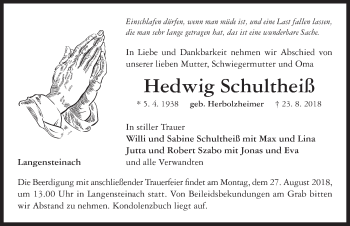 Traueranzeige von Hedwig Schultheiß von Neustadt/ Scheinfeld/ Uffenheim