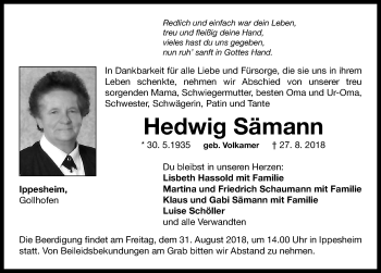 Traueranzeige von Hedwig Sämann von Neustadt/ Scheinfeld/ Uffenheim