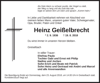 Traueranzeige von Heinz Geißelbrecht von Dinkelsbuhl/ Feuchtwangen