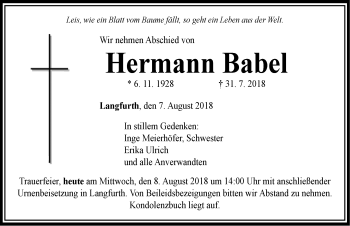 Traueranzeige von Hermann Babel von Dinkelsbuhl/ Feuchtwangen